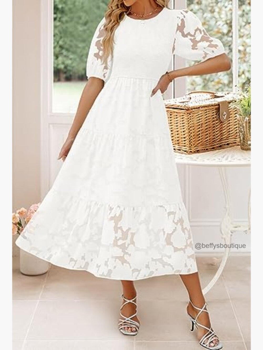 Short Puff Sleeve Smocked Floral Lace Tiered Maxi Dress - Picture 2 of 7